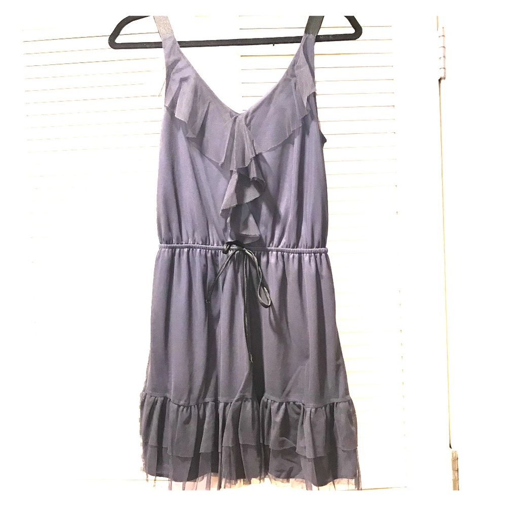 Indigo ruffle tulle dress with black satin detail